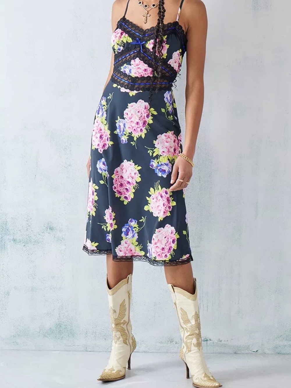 NWT BETSEY JOHNSON HOLLYWOOD MIDI Lace trim floral slip dress Size XL